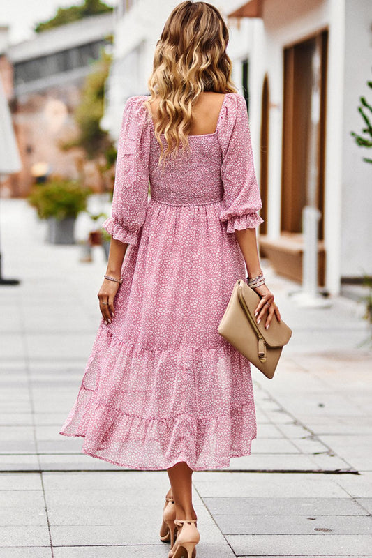 Leopard Square Neck Flounce Sleeve Midi Dress  Dresses- Doll Fits
