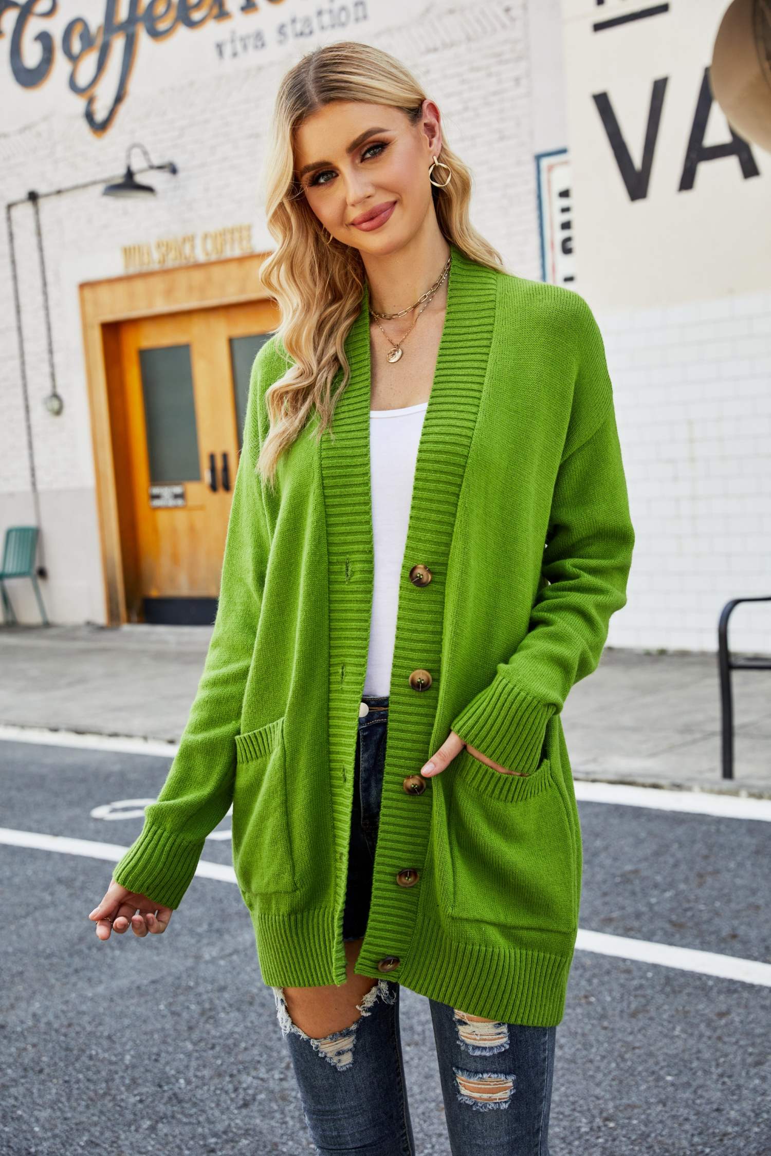 Ribbed Trim Dropped Shoulder Pocketed Cardigan  Coats & Jackets- Doll Fits