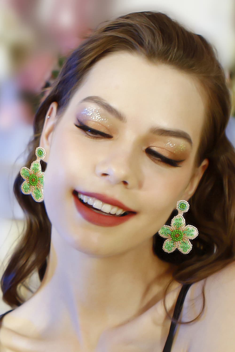 Flower Shape Beaded Dangle Earrings  Earrings- Doll Fits