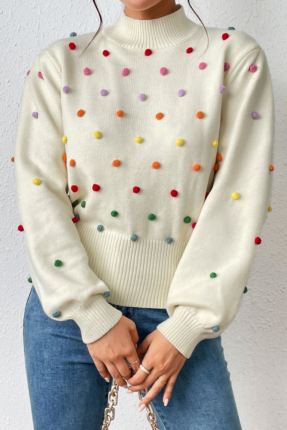 Pom-Pom Trim Mock Neck Long Sleeve Pullover Sweater  - Doll Fits