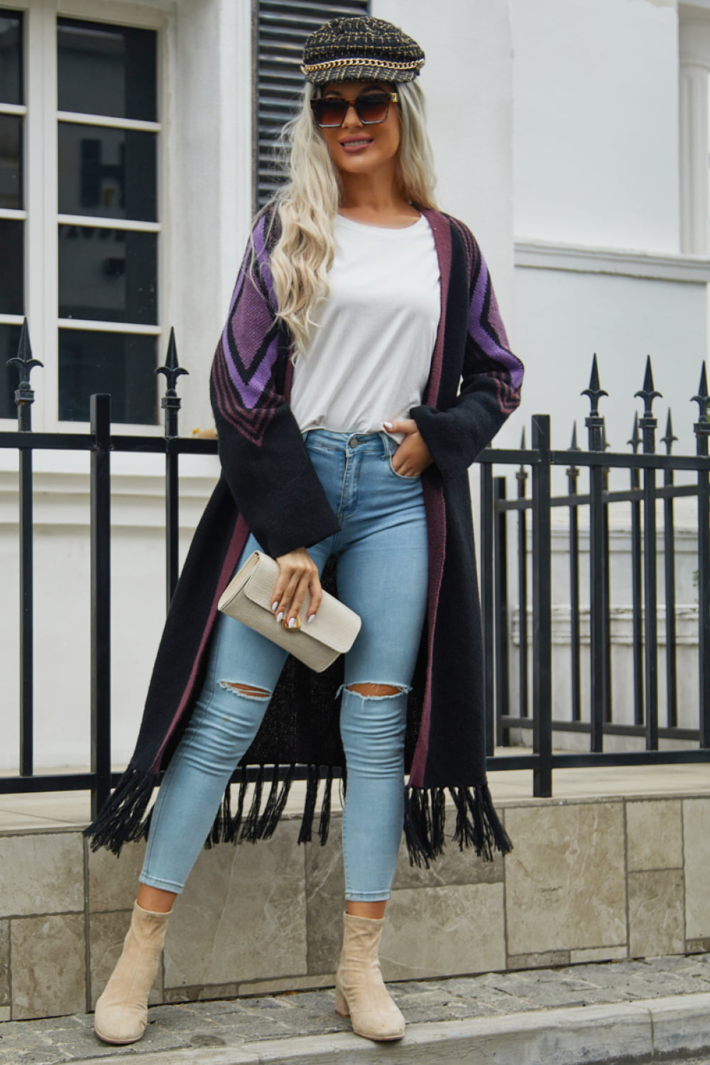 Double Take Geometric Fringe Hem Open Front Duster Cardigan  - Doll Fits