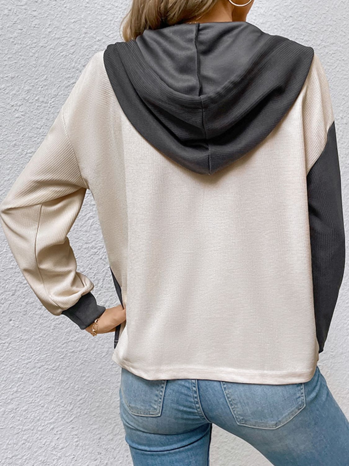 Contrast Color Button-Up Raglan Sleeve Hoodie  - Doll Fits