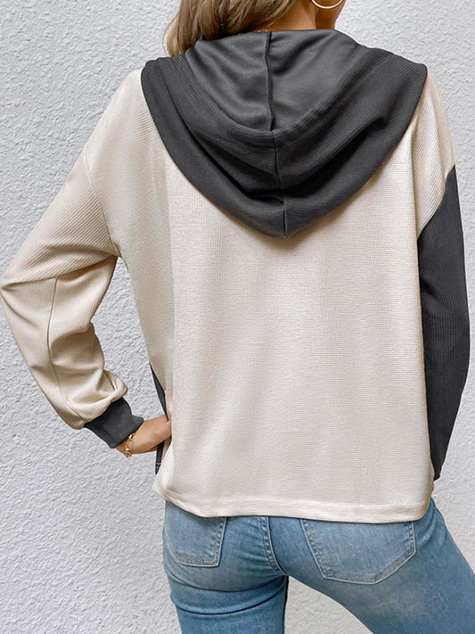 Contrast Color Button-Up Raglan Sleeve Hoodie  - Doll Fits