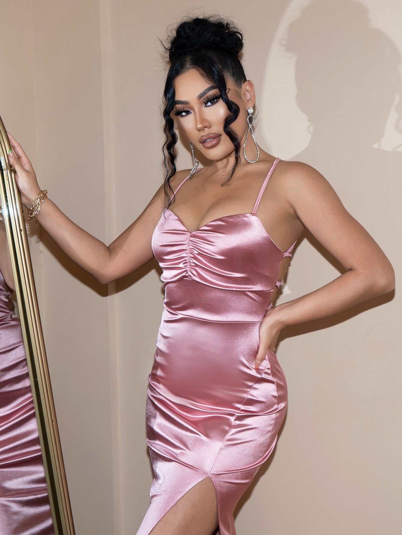 Backless Crisscross Ruched Split Satin Dress  Dresses- Doll Fits