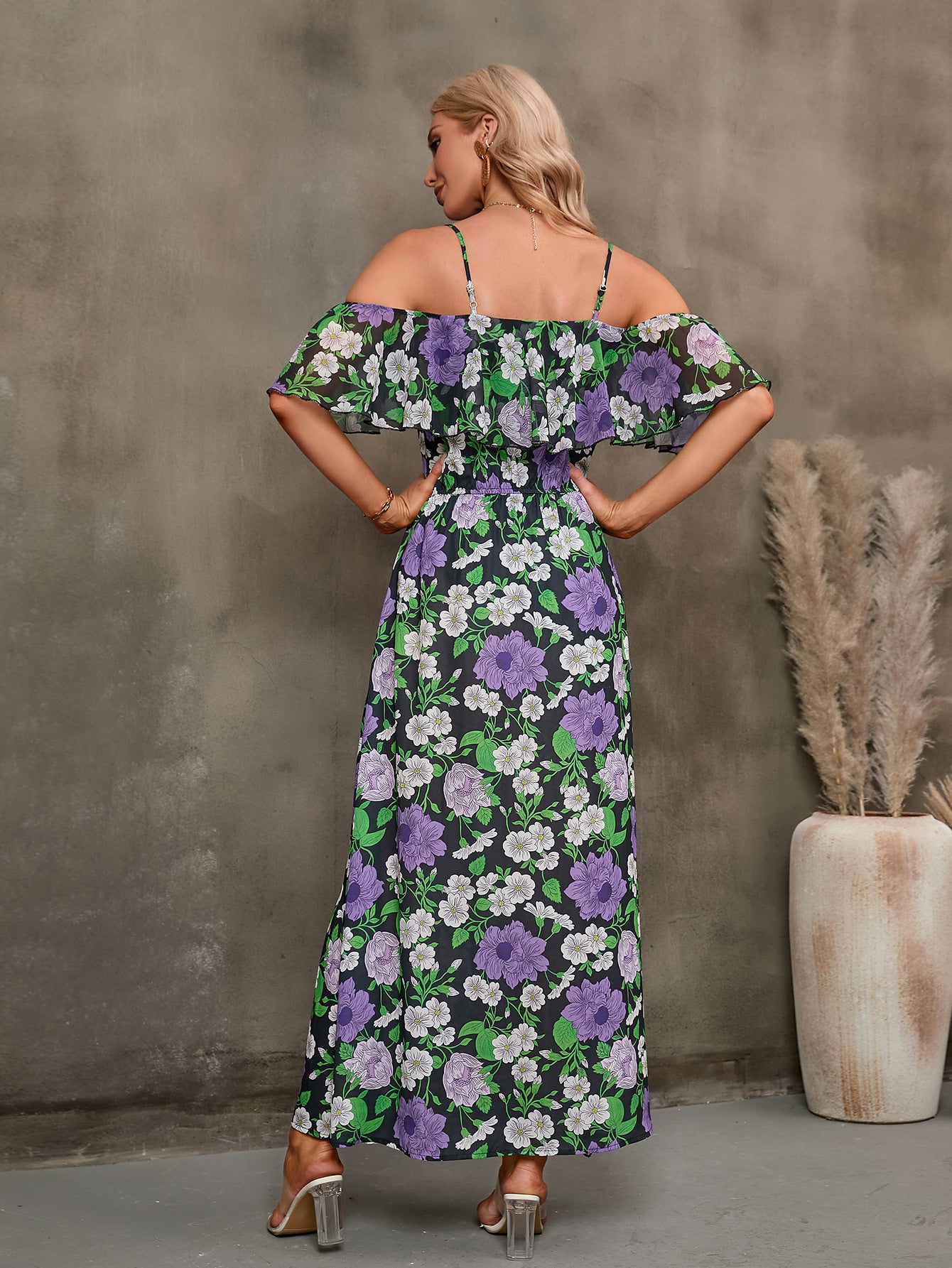 Floral Spaghetti Strap Cold-Shoulder Slit Maxi Dress  Dresses- Doll Fits