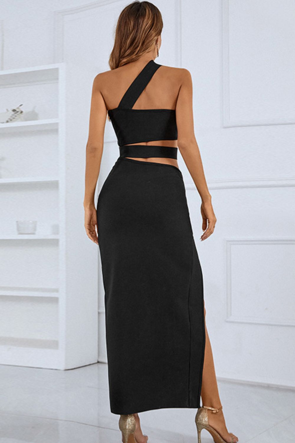 One-Shoulder Cutout Front Split Maxi Dress  Dresses- Doll Fits