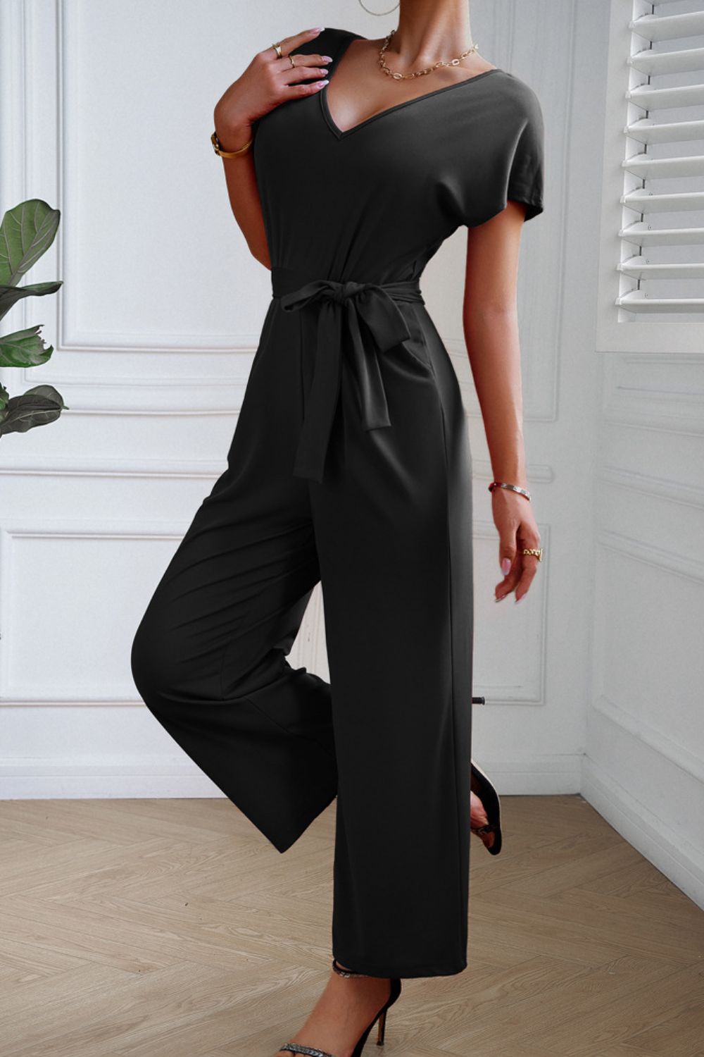 Tie Waist V-Neck Short Sleeve Jumpsuit  - Doll Fits