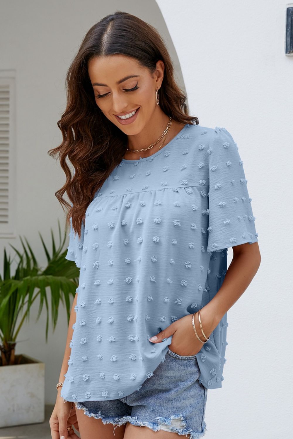 Swiss Dot Puff Sleeve Round Neck Blouse  Shirts & Tops- Doll Fits