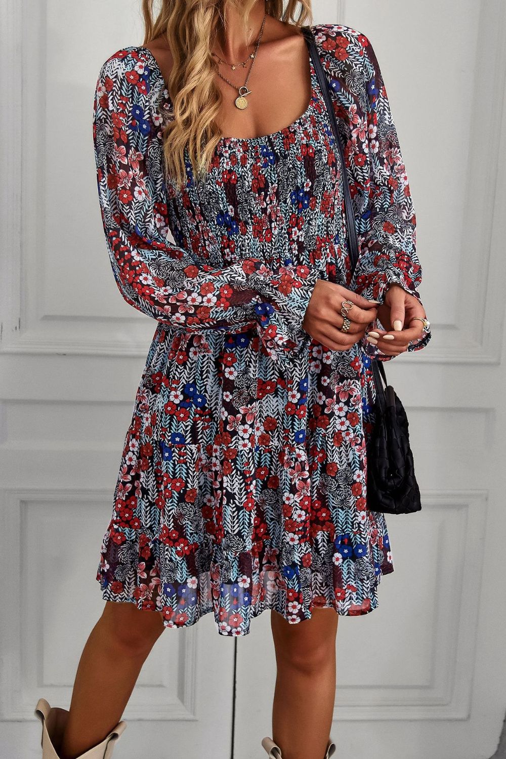 Floral Long Flounce Sleeve Square Neck Dress  Dresses- Doll Fits