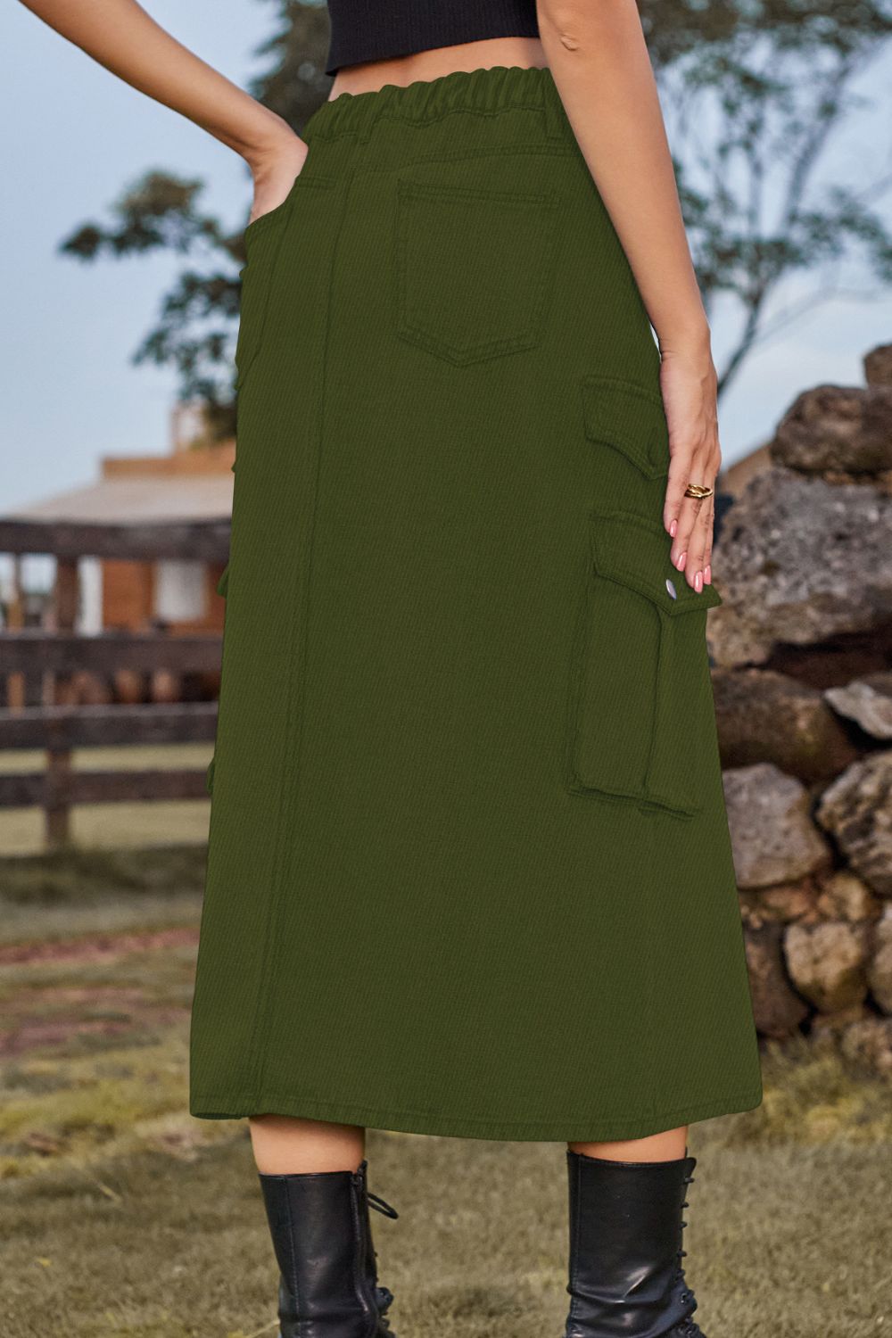 Slit Front Midi Denim Skirt with Pockets  Skirts- Doll Fits