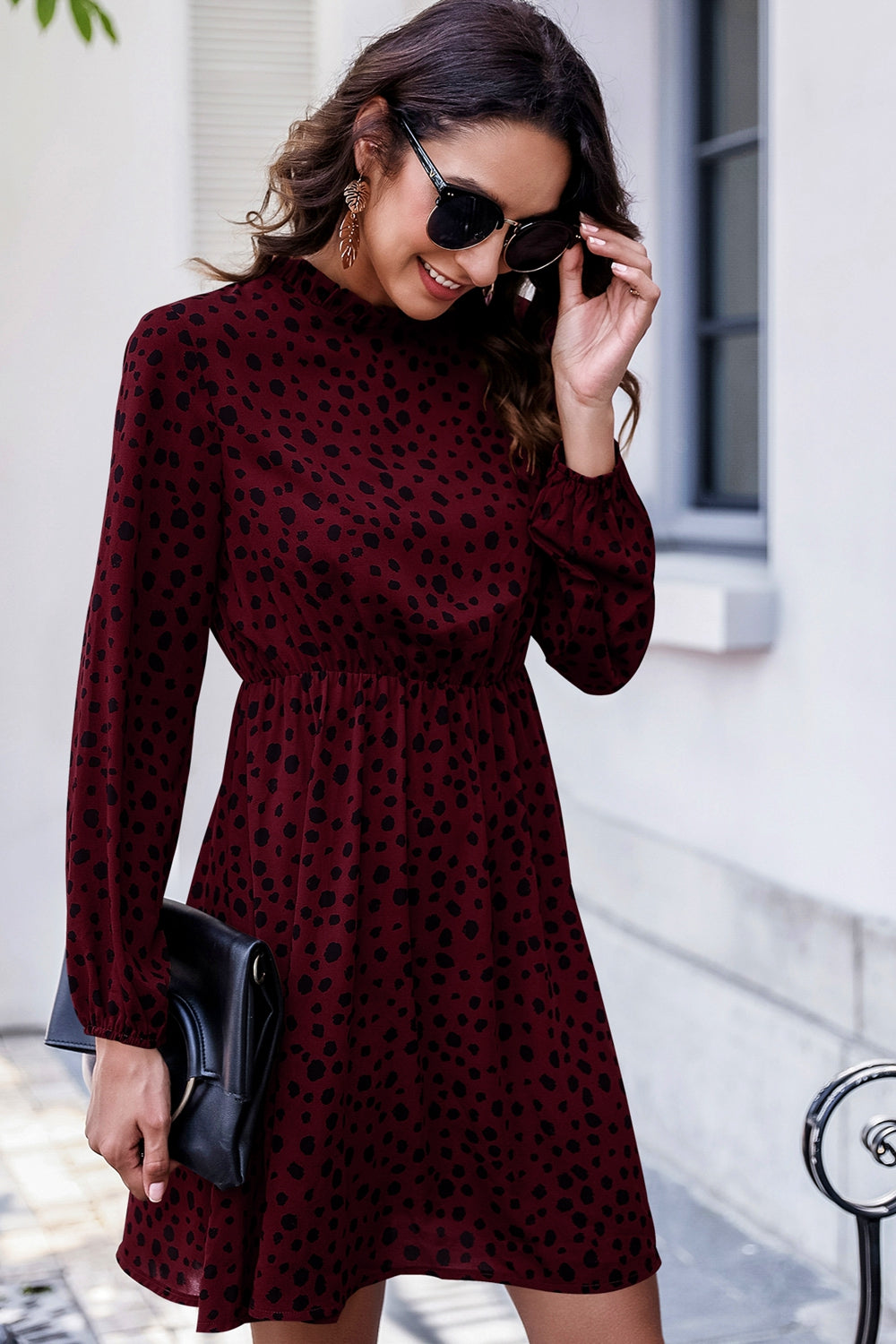 Printed Mock Neck Long Sleeve Midi Dress  Dresses- Doll Fits