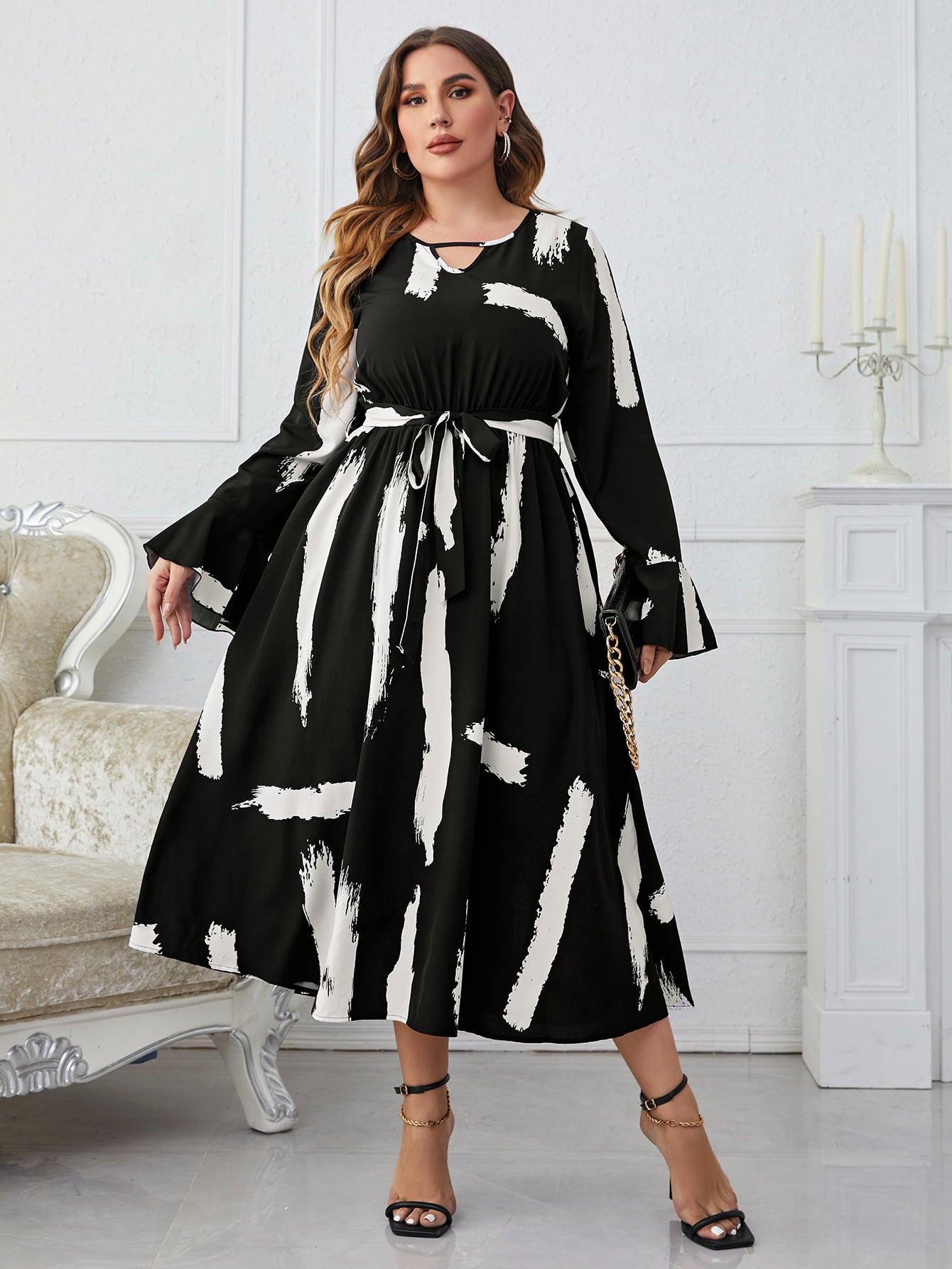 Melo Apparel Plus Size Printed Tie Belt Flare Sleeve Round Neck Midi Dress  Dresses- Doll Fits