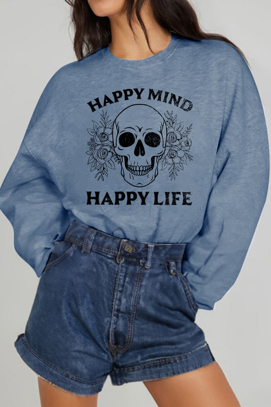 Simply Love Simply Love Full Size HAPPY MIND HAPPY LIFE SKULL Graphic Sweatshirt  Shirts & Tops- Doll Fits
