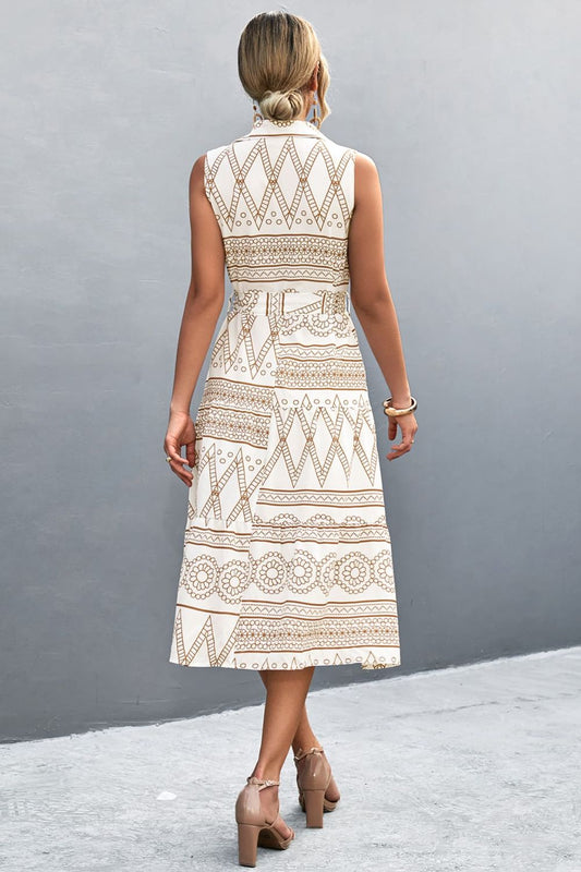Printed Button Front Tie-Waist Sleeveless Collared Dress  Dresses- Doll Fits