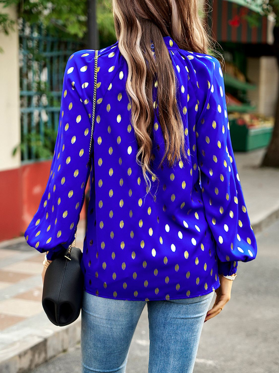 Mock Neck Cutout Lantern Sleeve Blouse  - Doll Fits