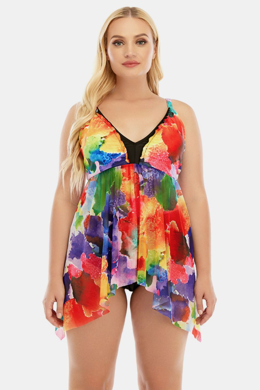 Plus Size Printed Spaghetti Strap V-Neck Two-Piece Swim Set  Swimwear- Doll Fits