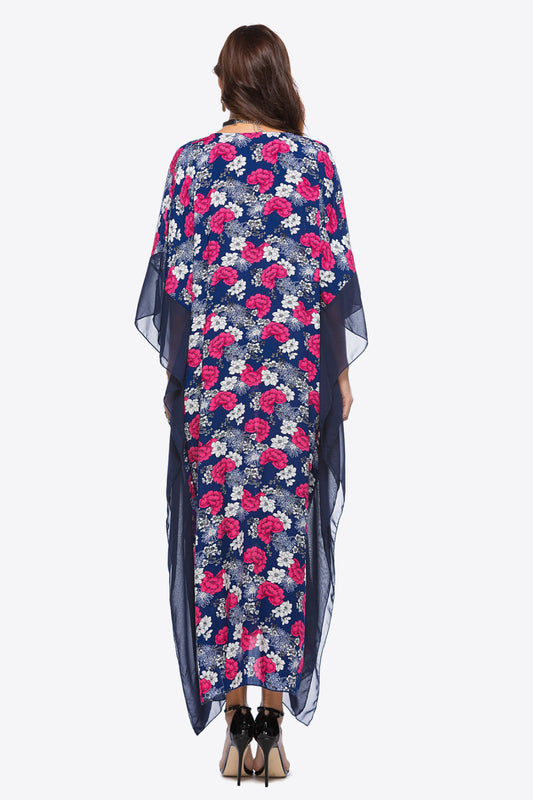 Floral Notched Neck Dolman Sleeve Maxi Dress  Dresses- Doll Fits
