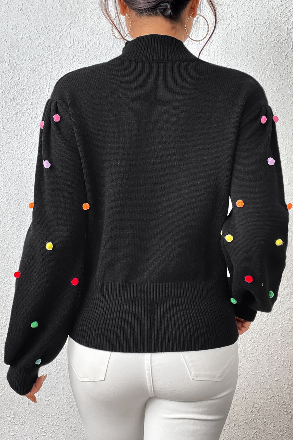 Pom-Pom Trim Mock Neck Long Sleeve Pullover Sweater  - Doll Fits