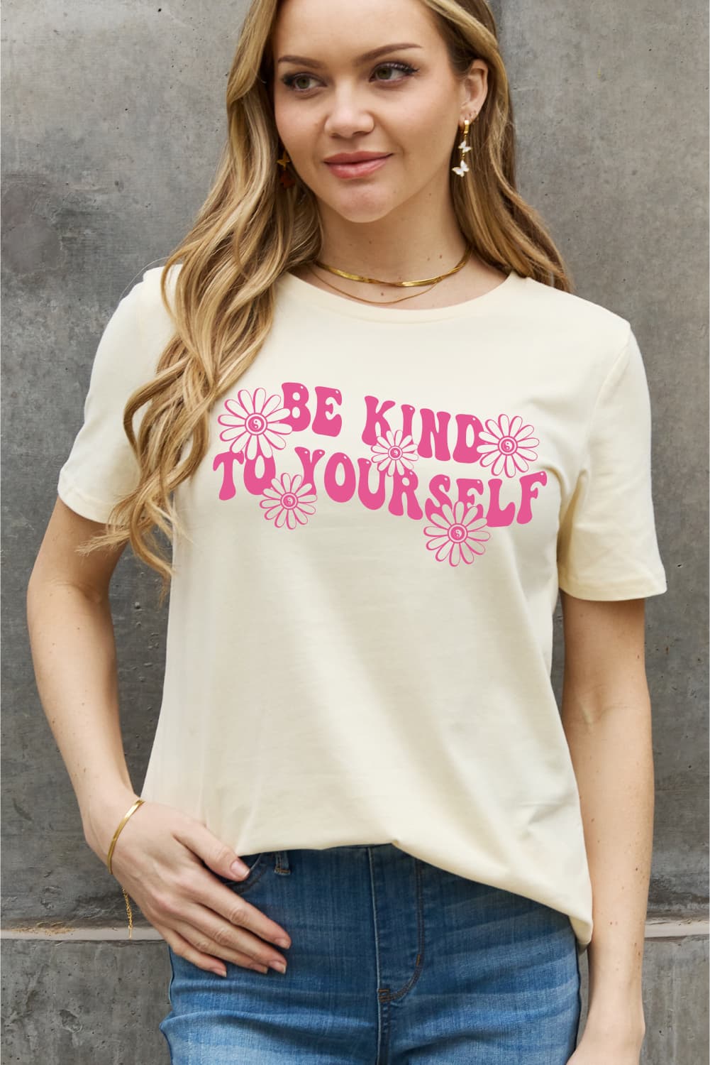 Simply Love Full Size BE KIND TO YOURSELF Flower Graphic Cotton Tee  Shirts & Tops- Doll Fits