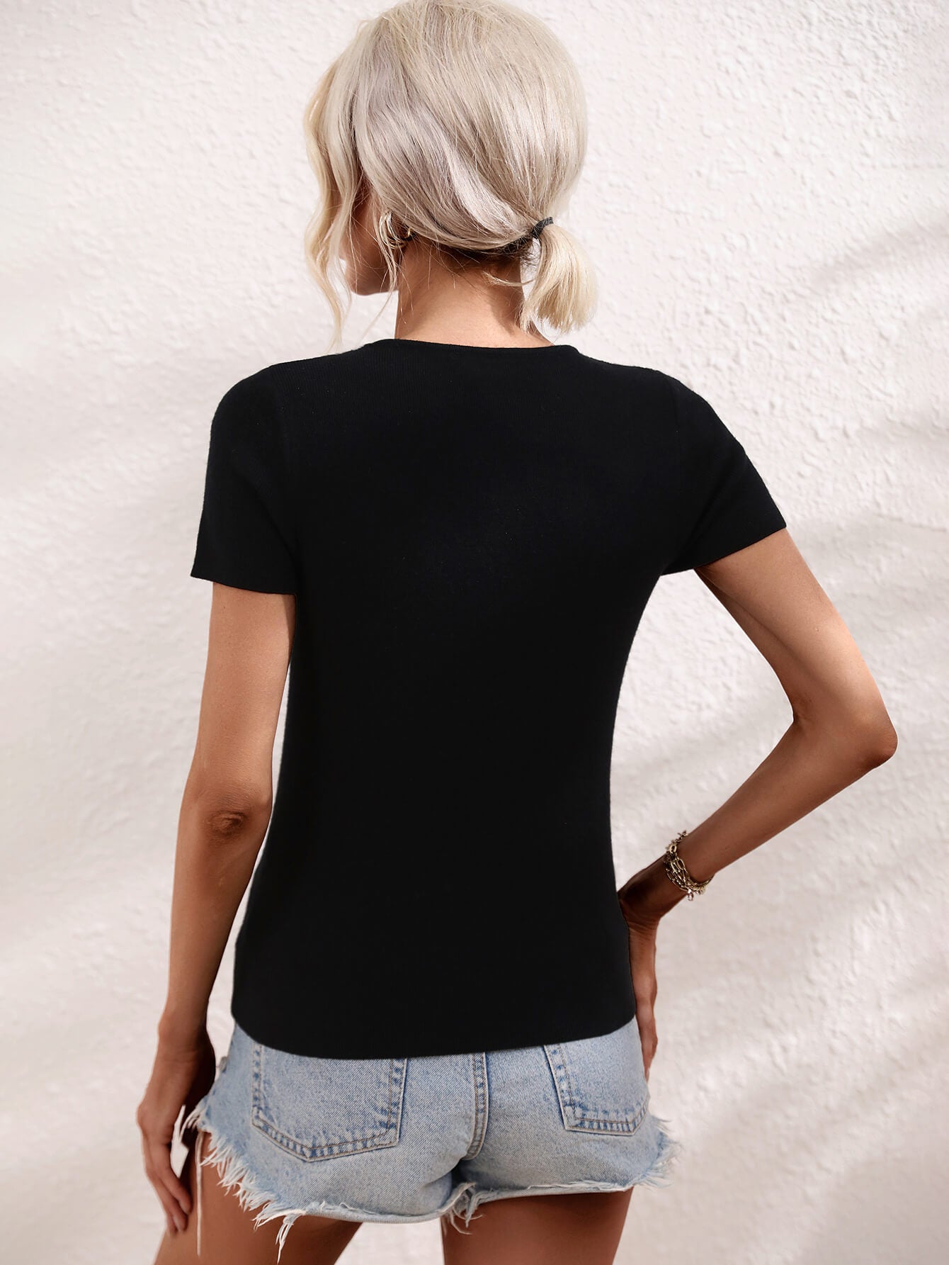 Cutout Round Neck Short Sleeve Knit Top  Shirts & Tops- Doll Fits