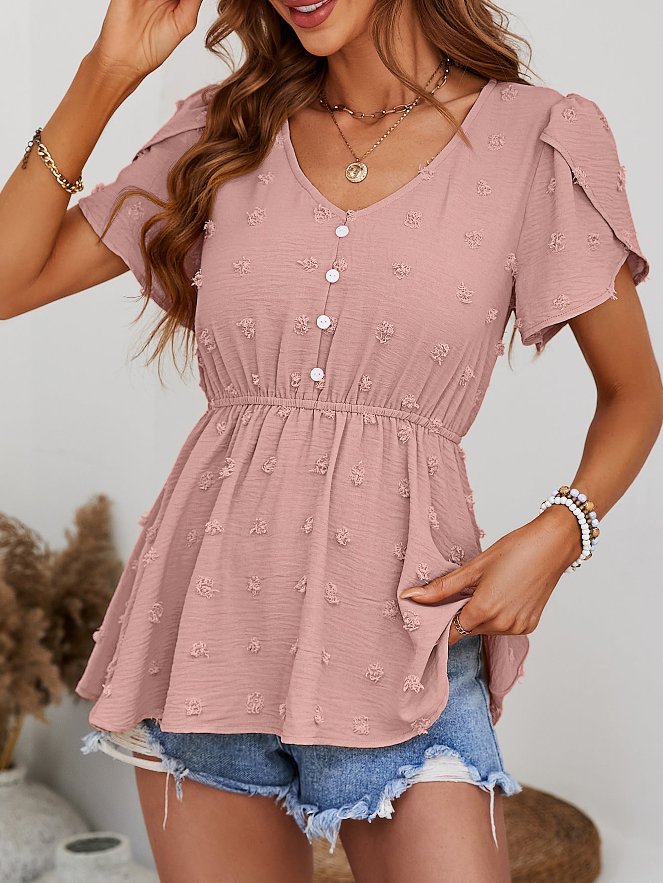 Swiss Dot Buttoned Petal Sleeve Peplum Blouse  Shirts & Tops- Doll Fits