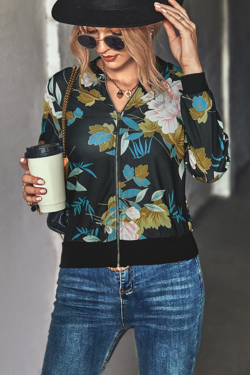 Floral Zip Up Ribbed Trim Bomber Jacket  Coats & Jackets- Doll Fits