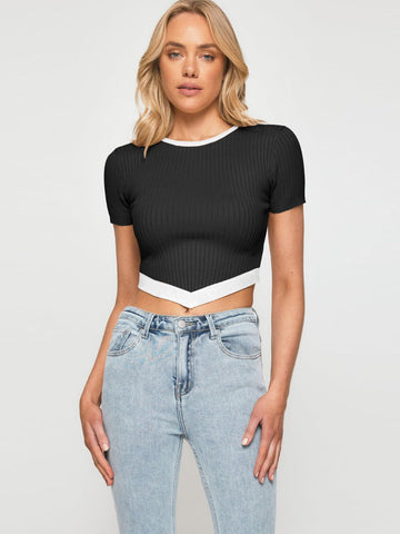 Contrast Trim Pointed Hem Ribbed Crop Top  Shirts & Tops- Doll Fits