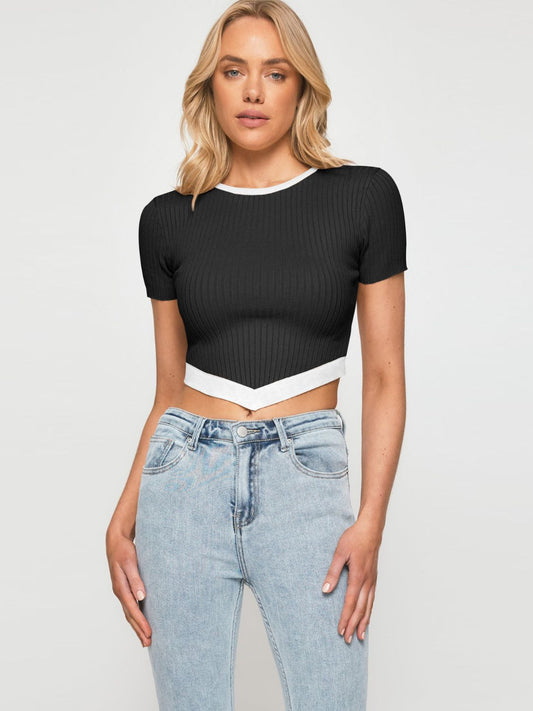 Contrast Trim Pointed Hem Ribbed Crop Top  Shirts & Tops- Doll Fits