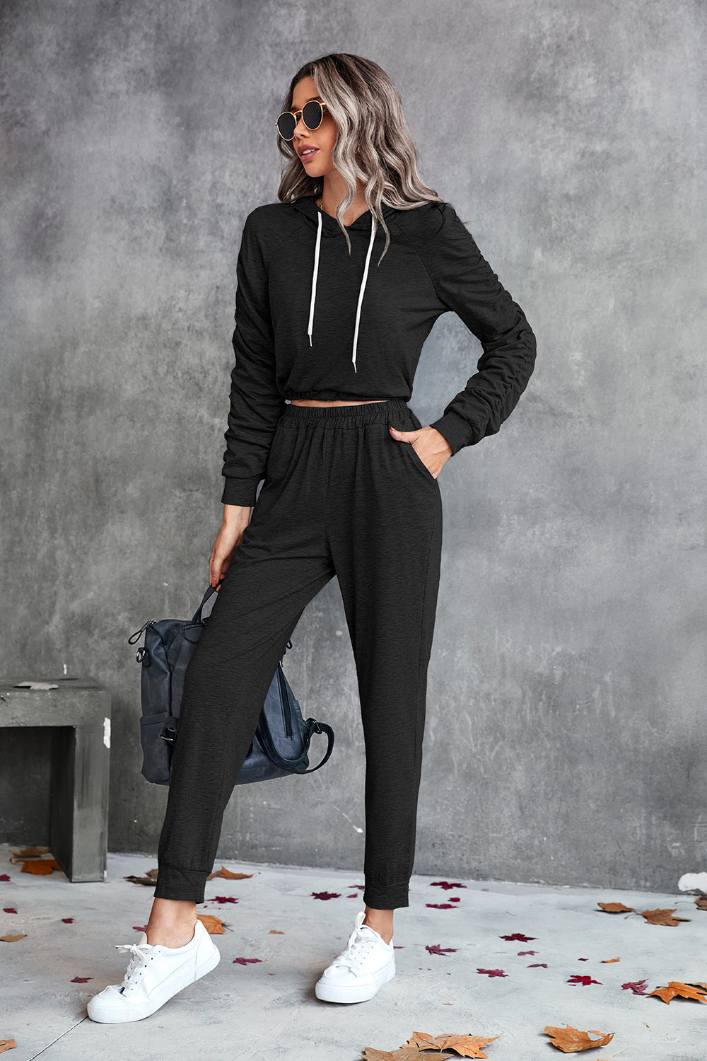 Ruched Raglan Sleeve Hoodie and Joggers Set  Outfit Sets- Doll Fits