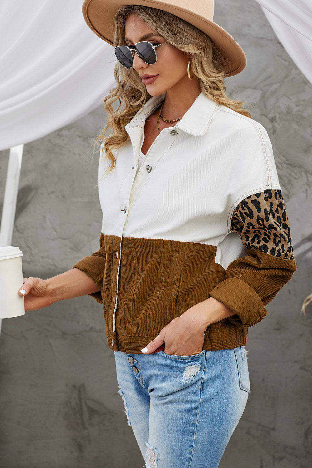 Leopard Color Block Button-Up Corduroy Shacket  - Doll Fits