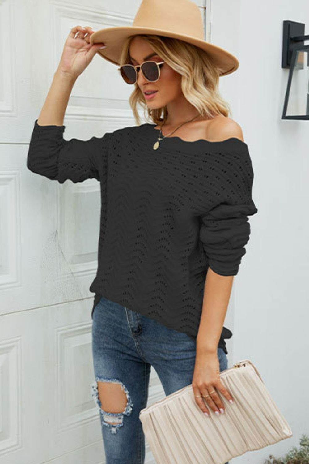 Scalloped Boat Neck Openwork Tunic Sweater  Shirts & Tops- Doll Fits