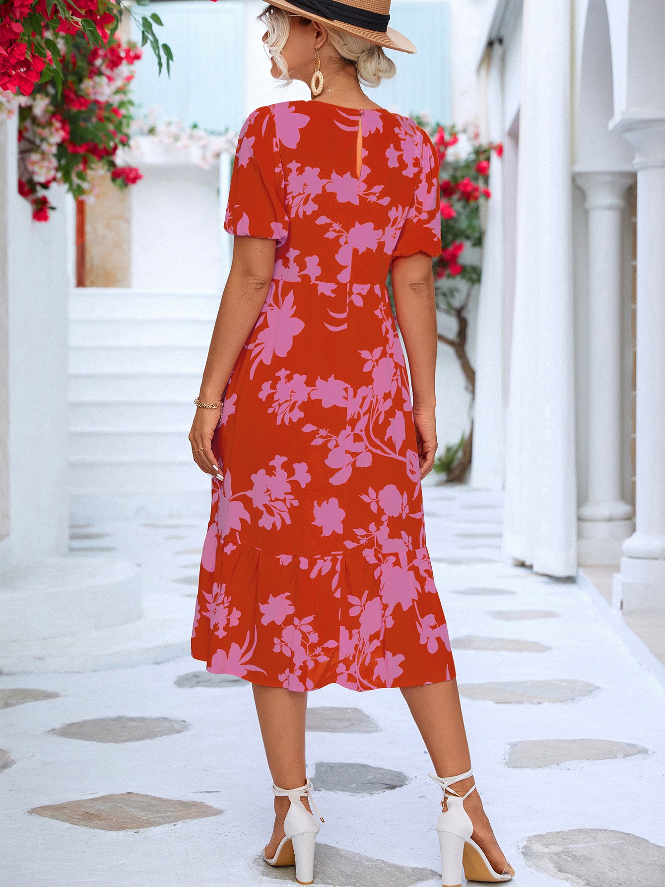 Floral Puff Sleeve Ruffle Hem Midi Dress  Dresses- Doll Fits
