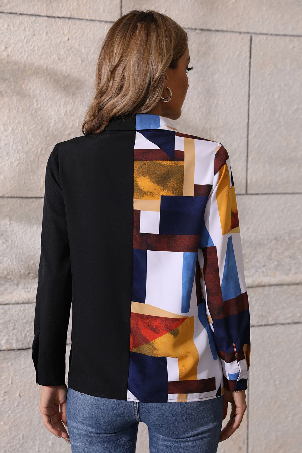 Contrast Printed Long Sleeve Collared Neck Shirt  - Doll Fits