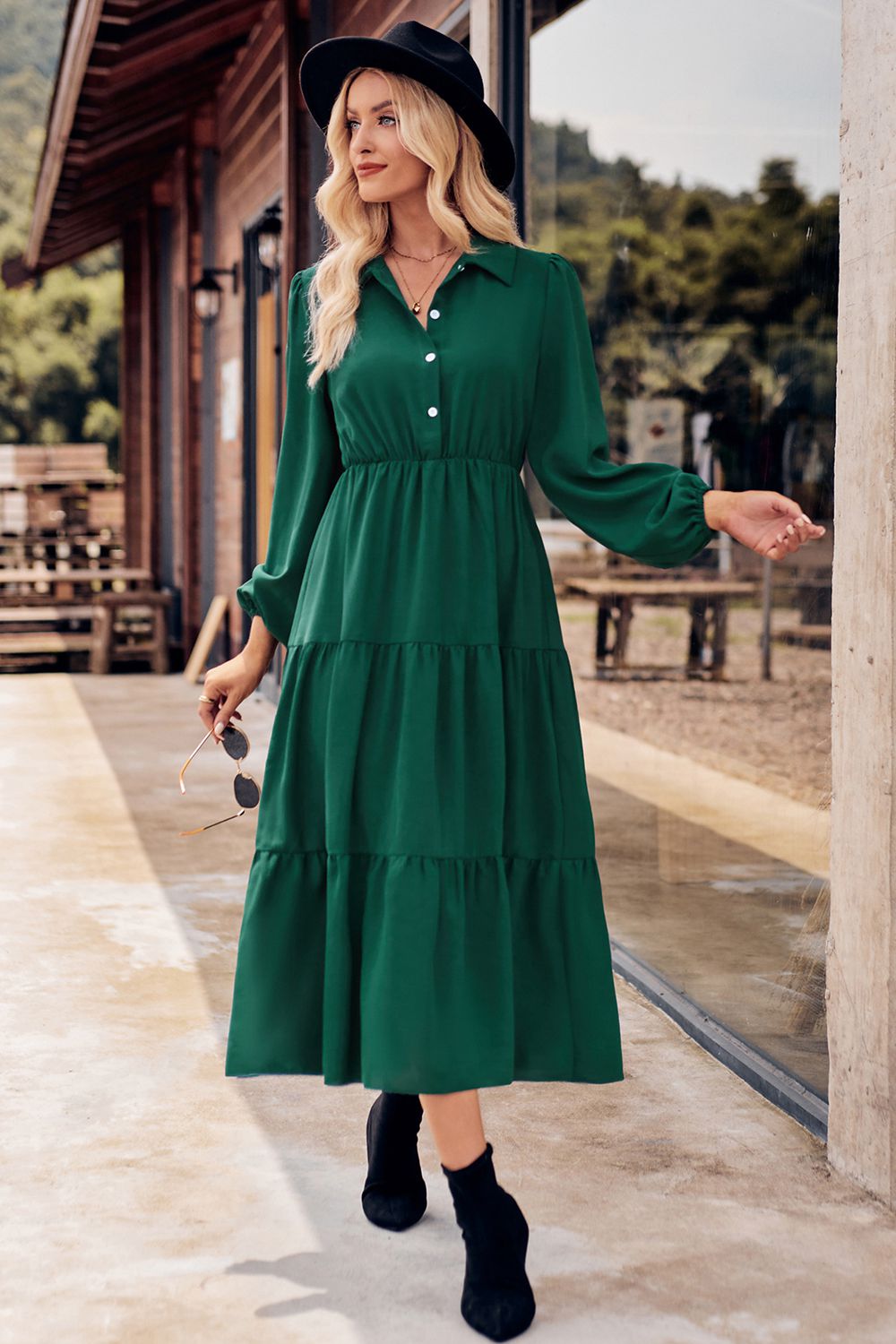 Collared Neck Long Sleeve Midi Dress  Dresses- Doll Fits