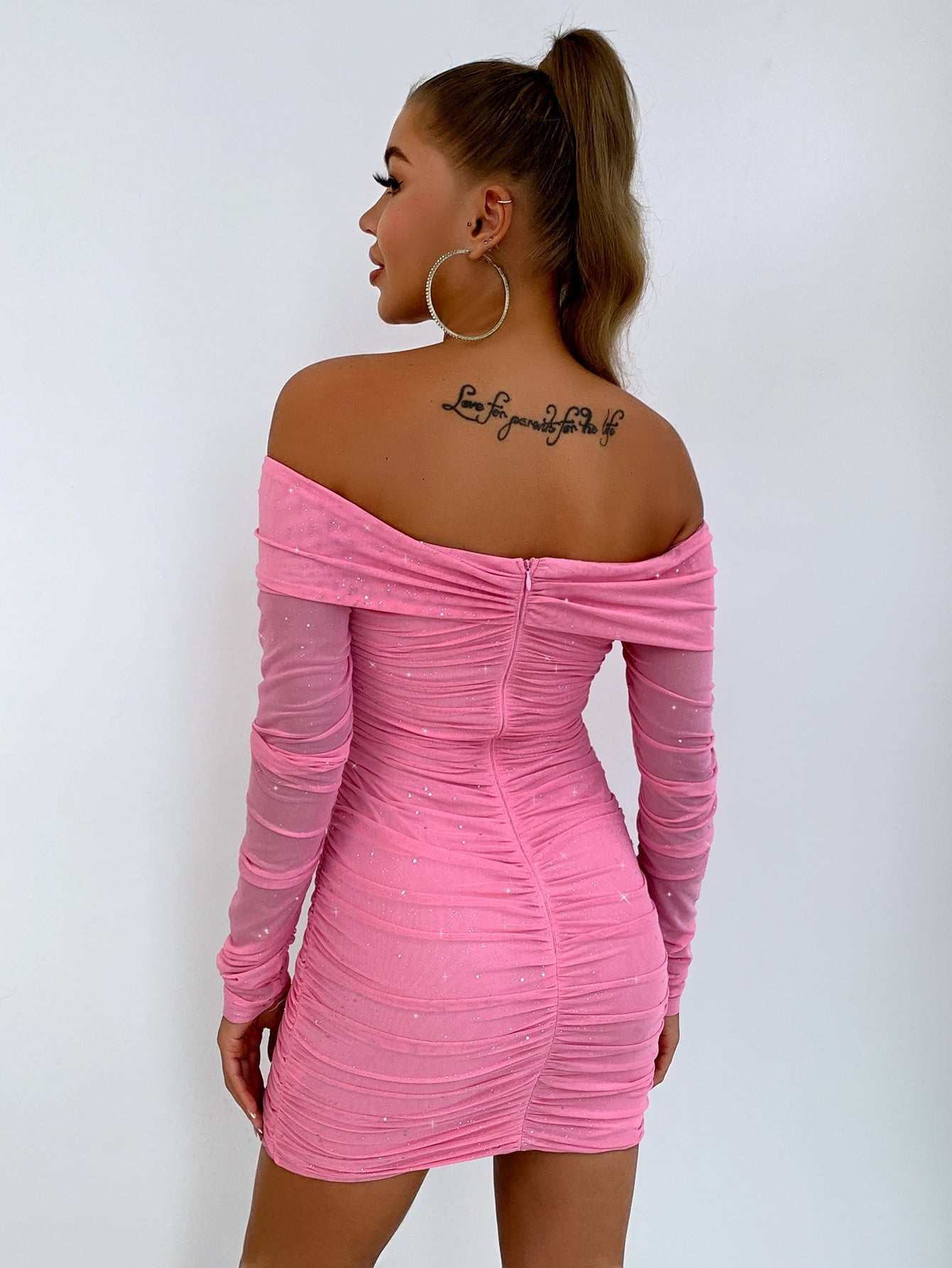 Glitter Off-Shoulder Ruched Bodycon Dress  Dresses- Doll Fits