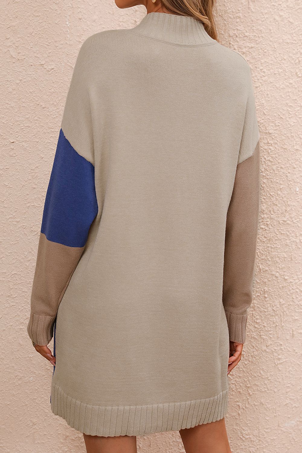 Color Block Mock Neck Dropped Shoulder Sweater Dress  Dresses- Doll Fits