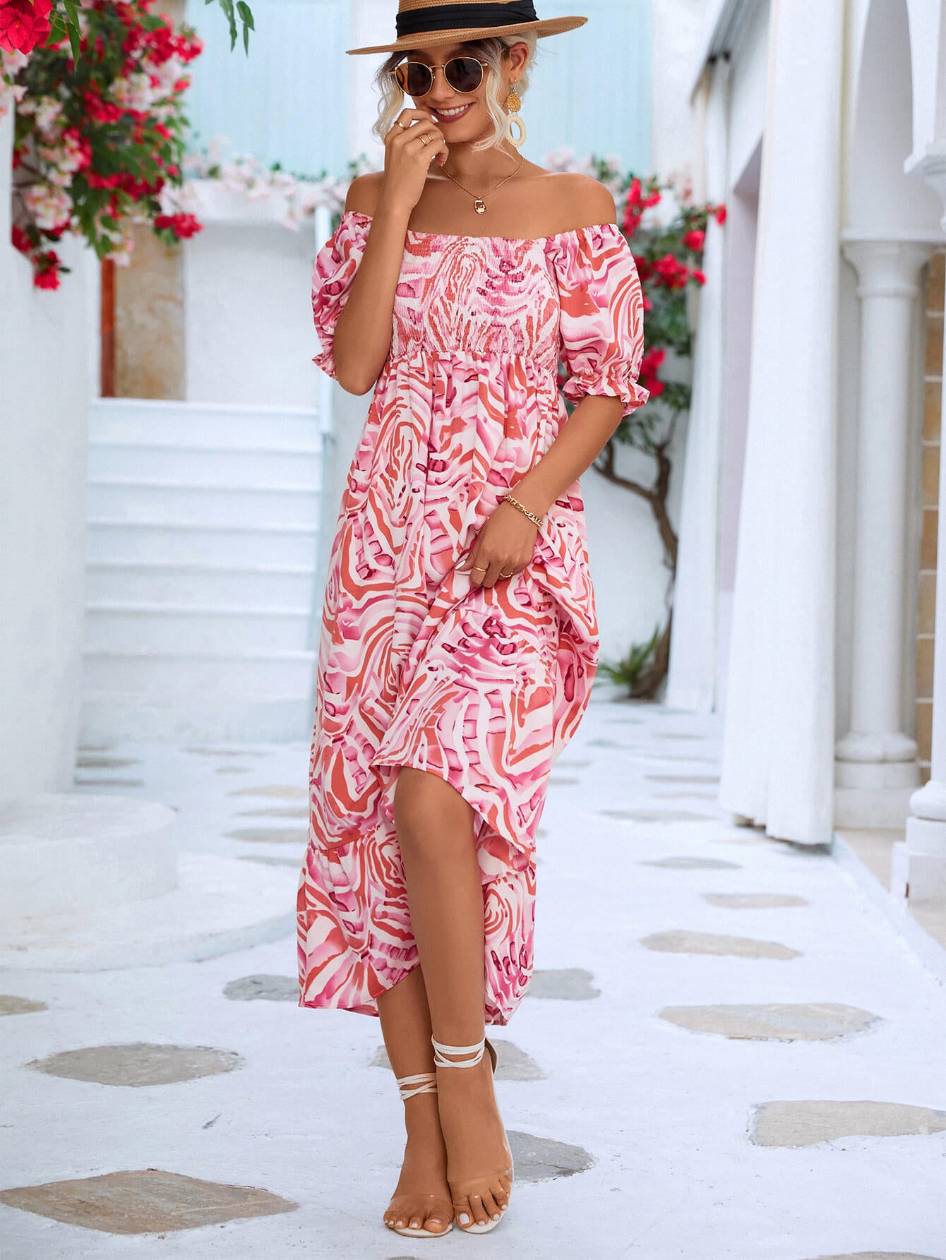 Floral Smocked Flounce Sleeve Midi Dress  Dresses- Doll Fits