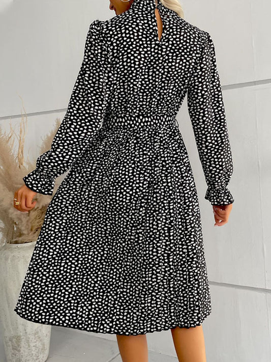 Printed Tie-Waist Flounce Sleeve Keyhole Midi Dress  Dresses- Doll Fits