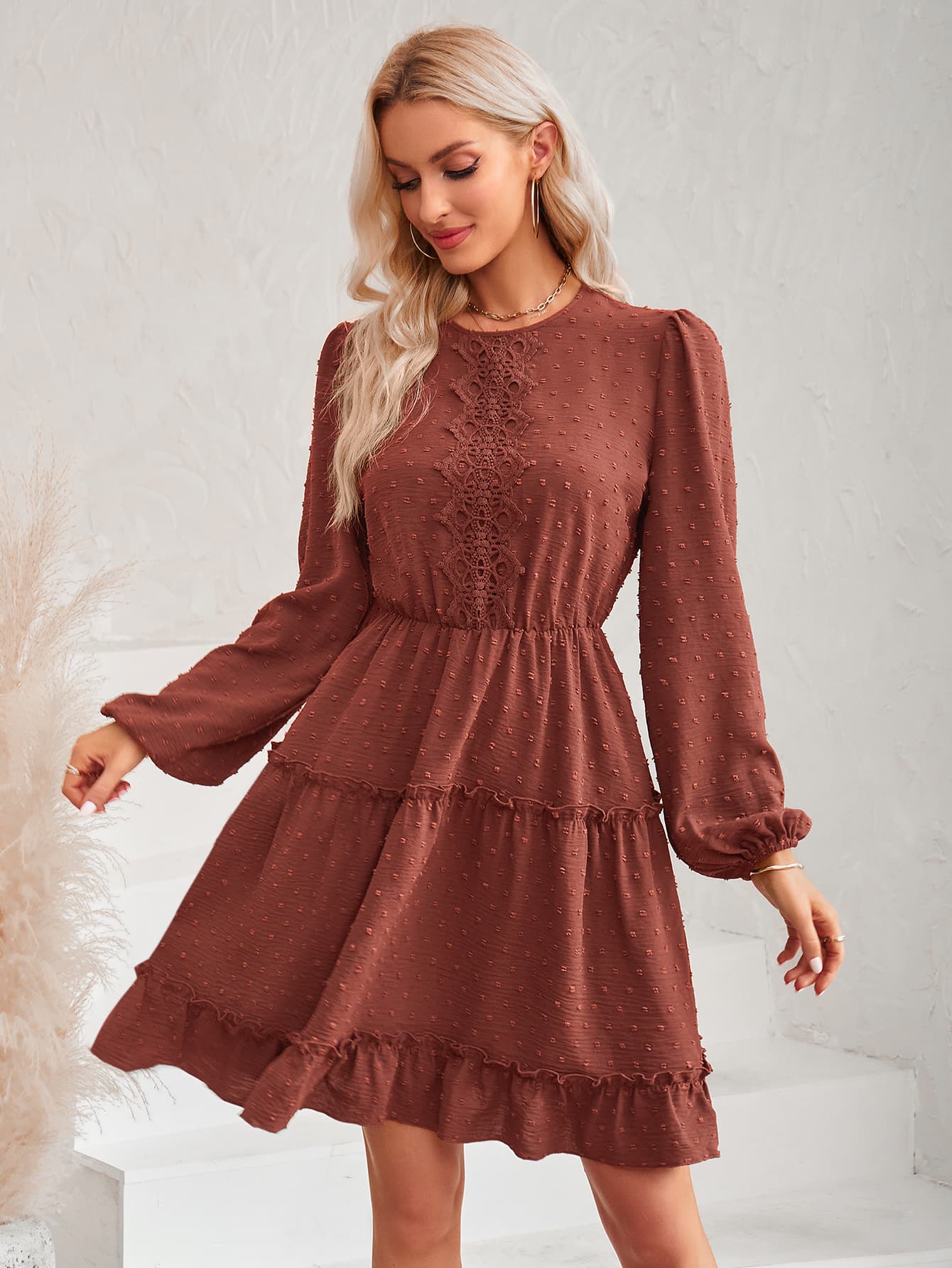 Swiss Dot Lace Trim Balloon Sleeve Dress  Dresses- Doll Fits