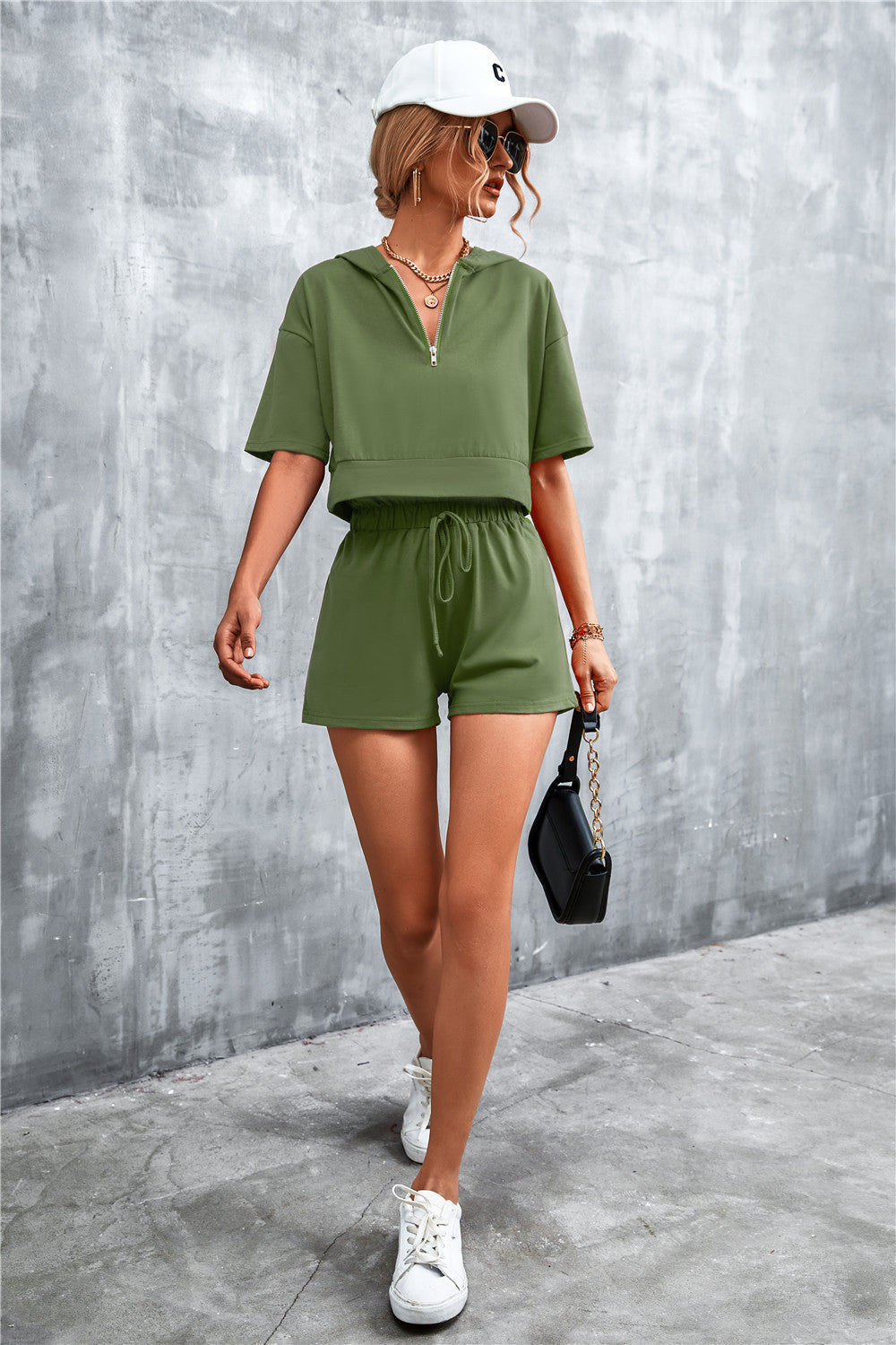Half Zip Cropped Hooded T-Shirt and Shorts Set  Outfit Sets- Doll Fits