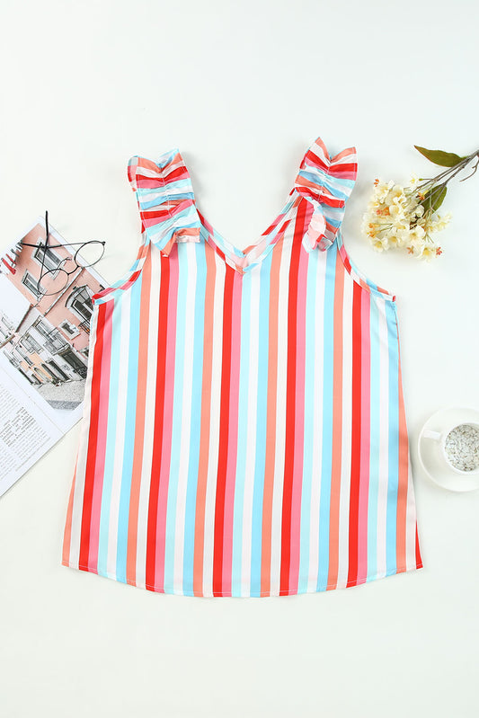 Striped Shoulder Detail V-Neck Tank  Shirts & Tops- Doll Fits