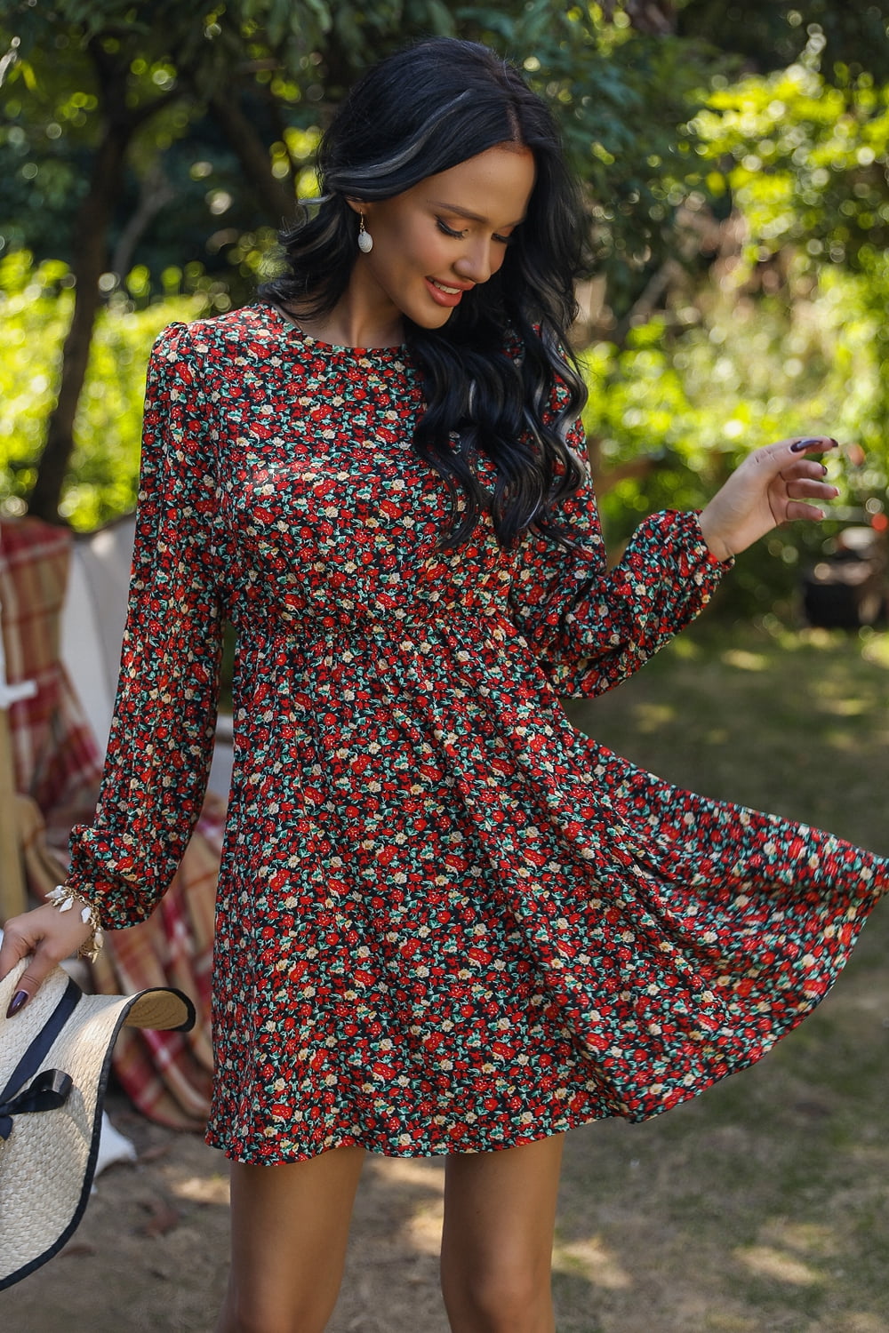Printed Round Neck Long Sleeve Mini Dress  Dresses- Doll Fits
