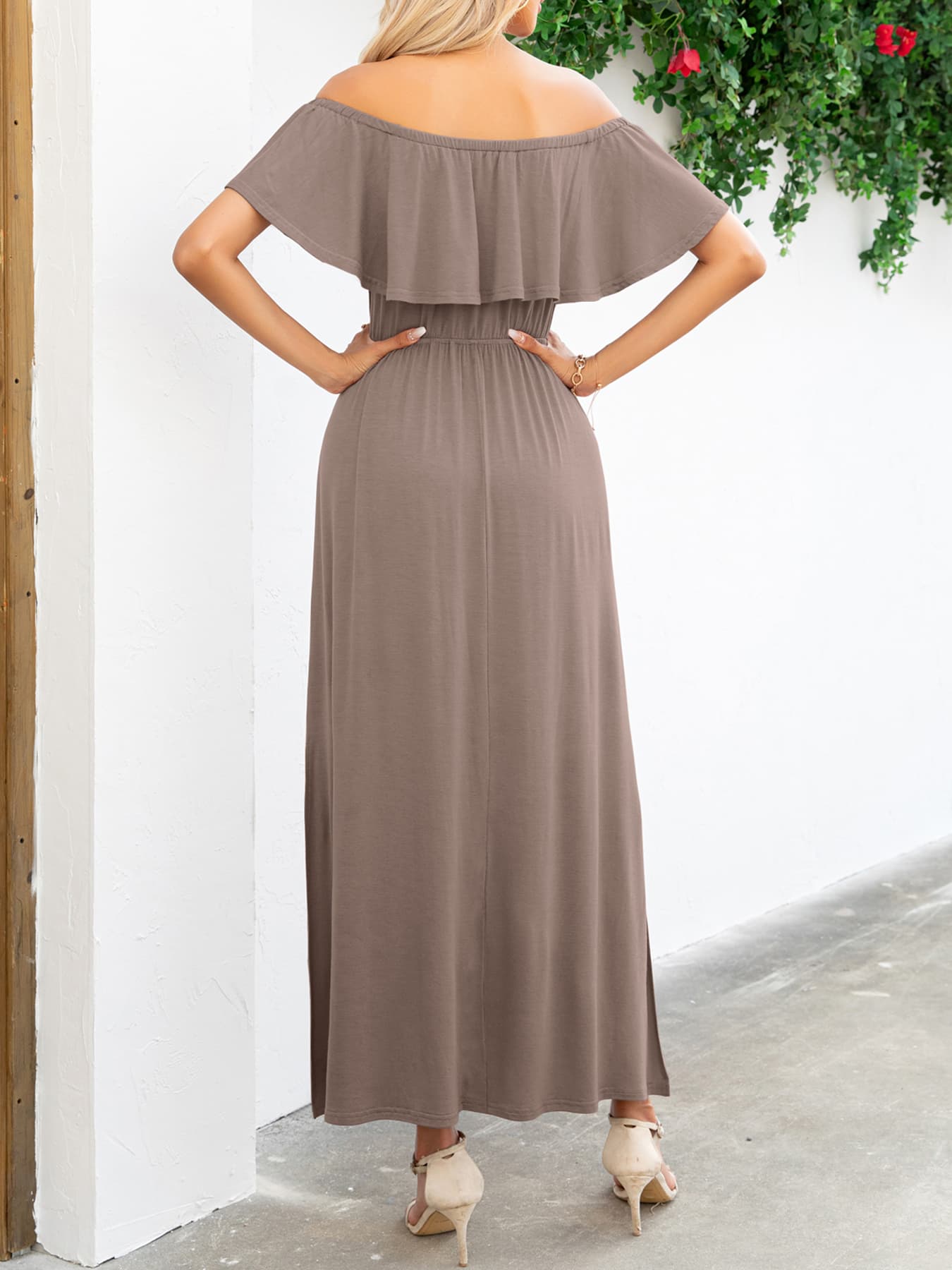 Off-Shoulder Slit Maxi Dress  Dresses- Doll Fits