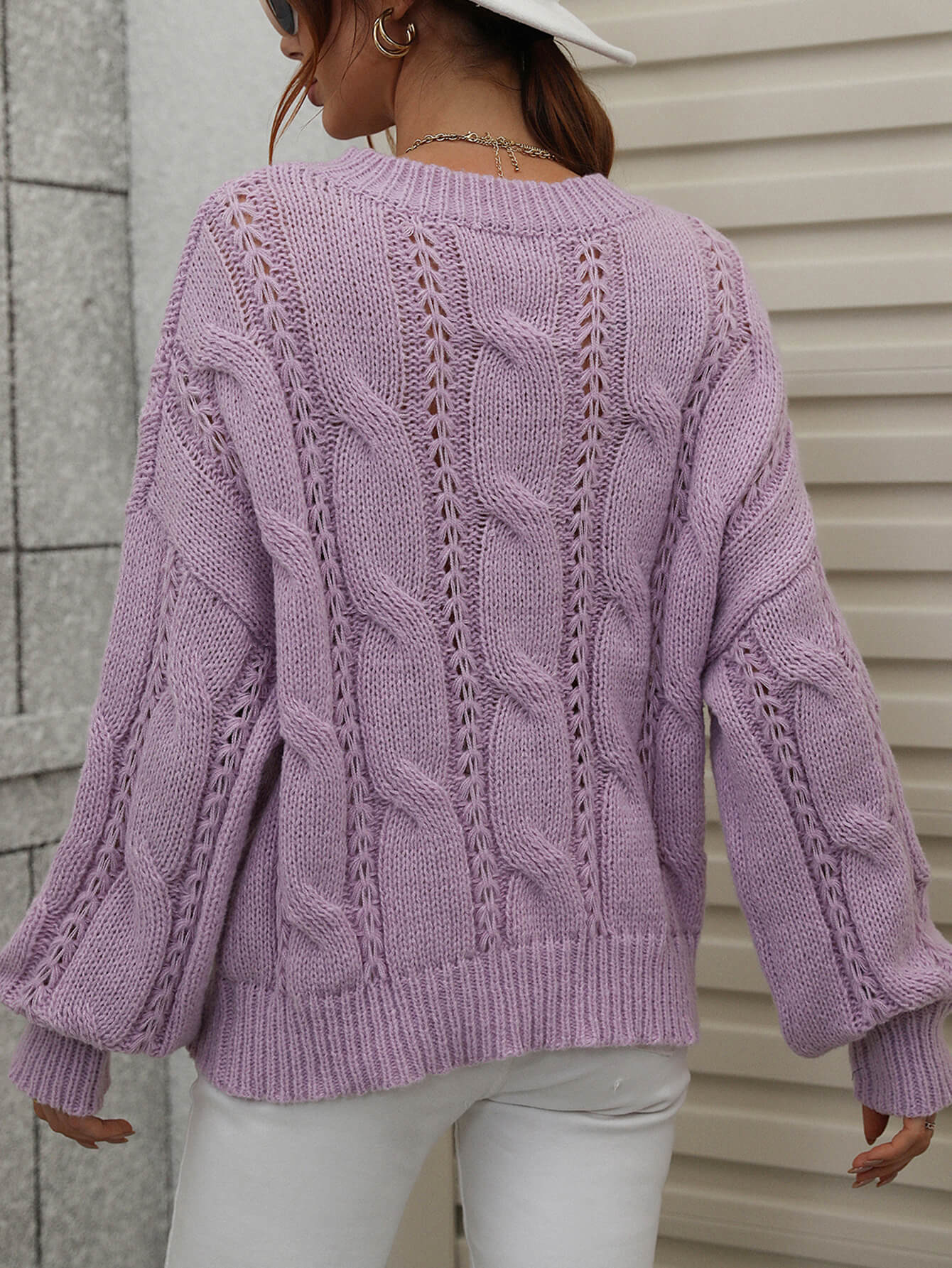 Cable-Knit Openwork Round Neck Sweater  Shirts & Tops- Doll Fits