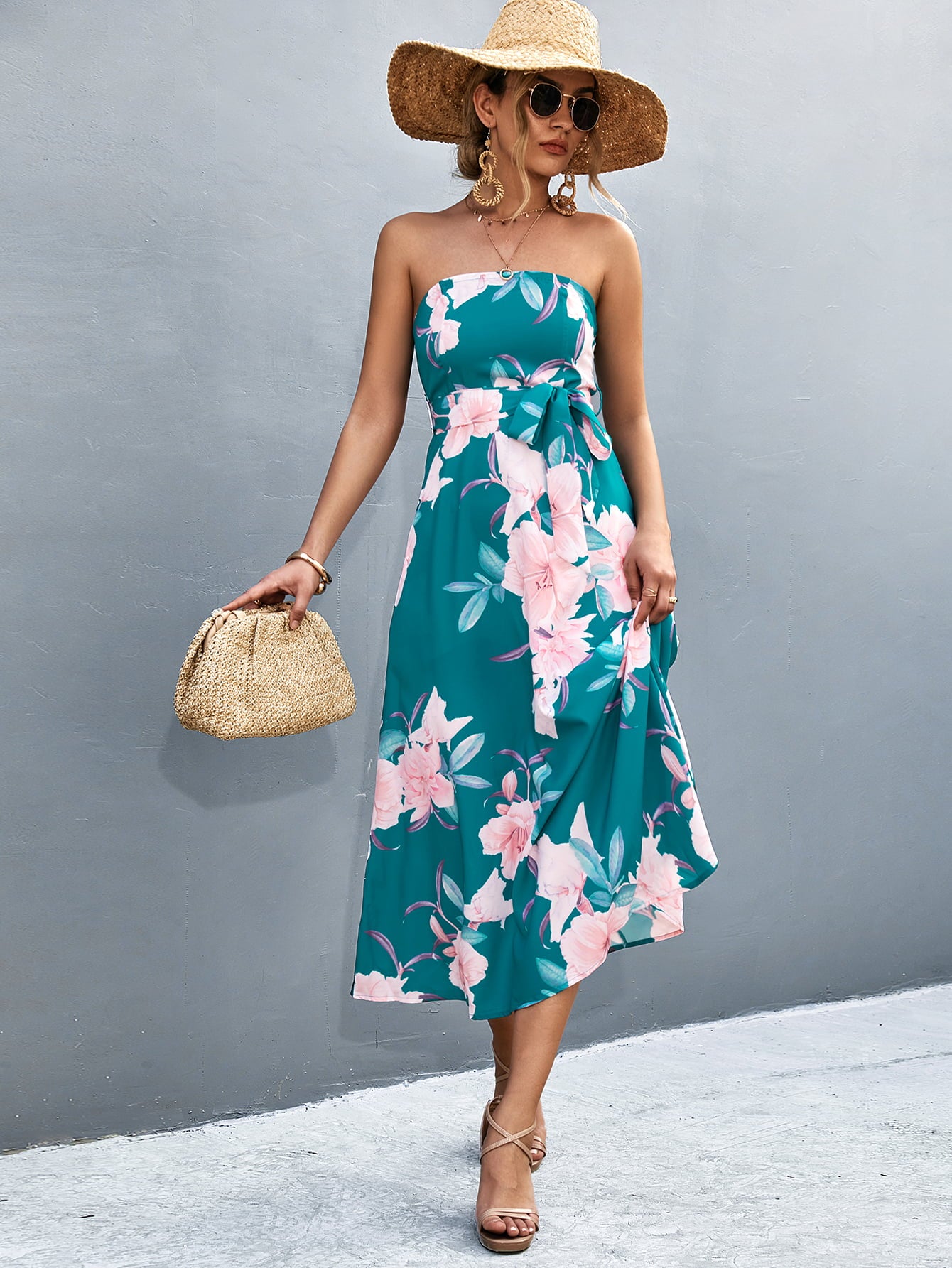 Floral Print Tie Waist Straight Neck Midi Dress  Dresses- Doll Fits