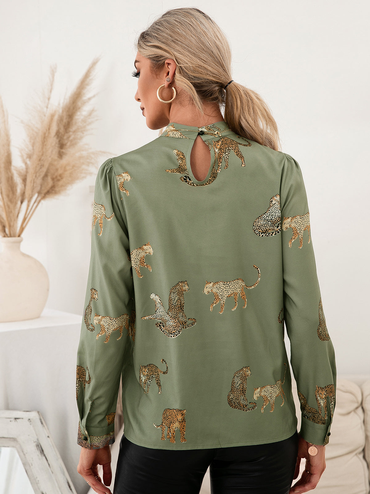 Leopard Graphic Mock Neck Puff Sleeve Blouse  Shirts & Tops- Doll Fits