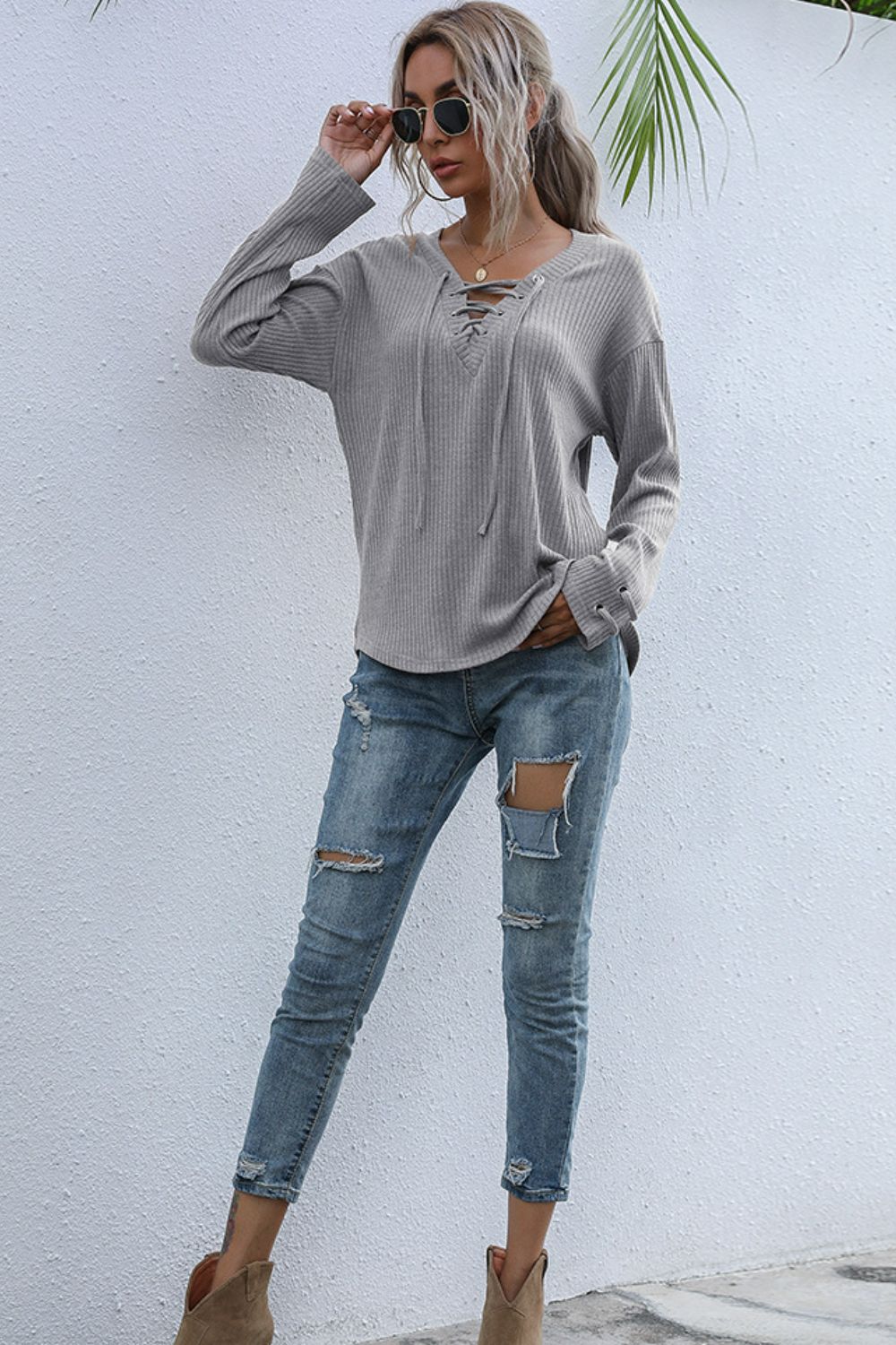 Lace-Up V-Neck Ribbed Top  Shirts & Tops- Doll Fits
