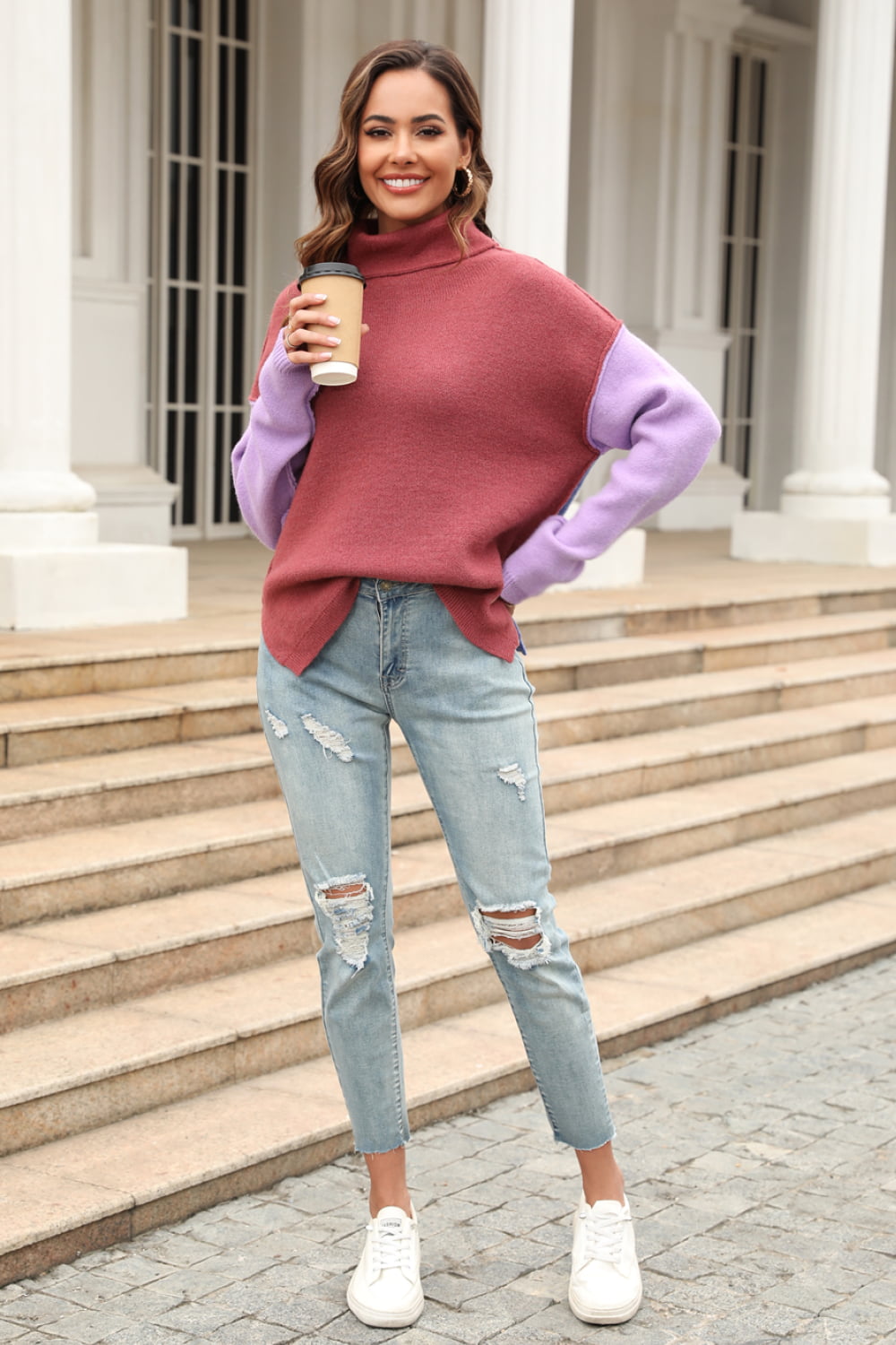 Double Take Color Block Turtleneck Slit Sweater  - Doll Fits