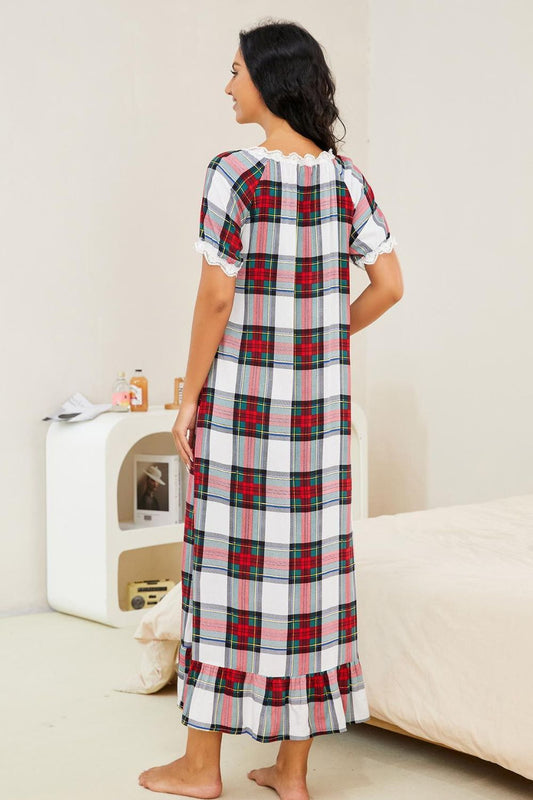 Plaid Lace Trim Ruffle Hem Night Dress  Dresses- Doll Fits