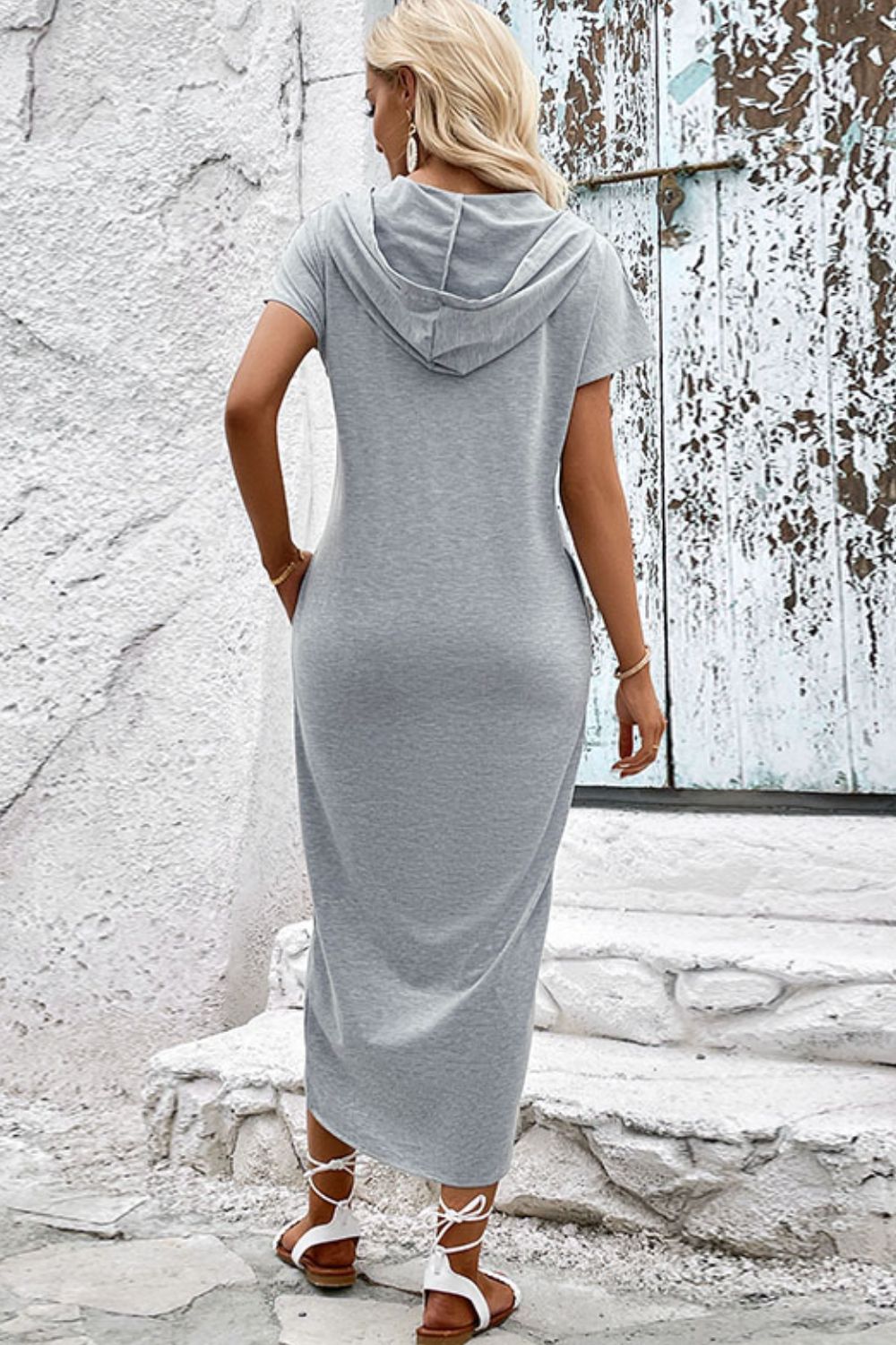Short Sleeve Front Slit Hooded Dress  Dresses- Doll Fits